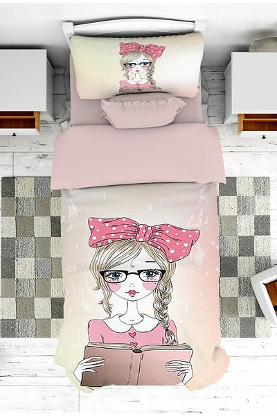 on the clouds Girl Patterned Baby and Children's Room Reading Books Bedspread and Pillowcase - Pike