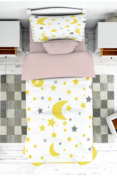 on the clouds Yellow Crescent Star Patterned Children's Baby Bedspread and Pillowcase - Pike