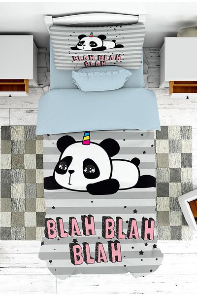 on the clouds Boy's Room - Panda Patterned Gray Bedspread and Cover Pique