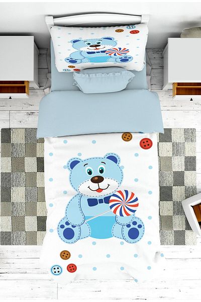 on the clouds Blue Boy's Bedspread - Candy Holding Teddy Bear Pattern, for Baby and Children's Room