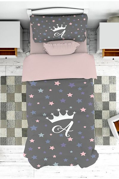 on the clouds Letter a Crown Patterned Girl's Bedspread and Pillowcase - Pike