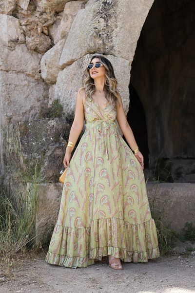 bytugcekaya Rochie din satin de mătase verde ulei - Fusta cu bretele și volan