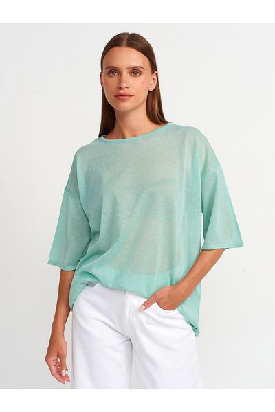 Dilvin 10550 Mint Transparent Crew Neck Short Sleeve Blouse