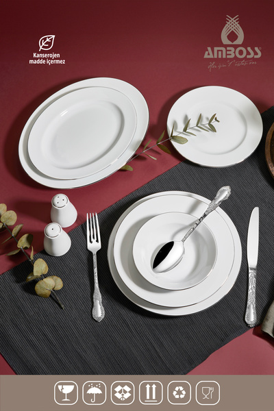 Amboss Meyra - 113 Parça Porselen Yemek Takımı 12 Kişilik Çatal Kaşık Bıçak Seti Gümüş