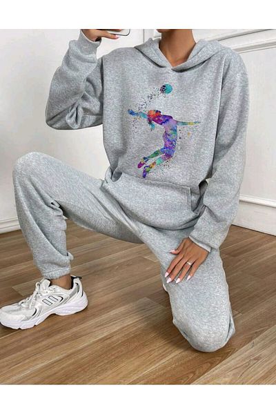 Apparelix Oversize Hooded Tracksuit Set - Printed Bottom and Top Set