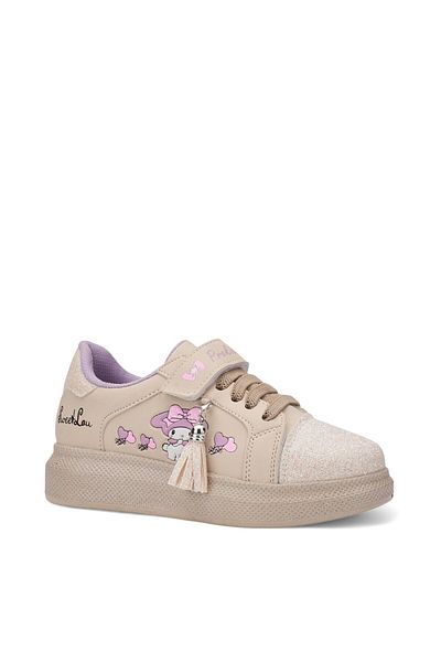 İmerShoes Pantofi sport pentru fete bej liliac - detaliu cu ciucuri, vârf cu sclipici, șireturi din cauciuc, velcro 3470