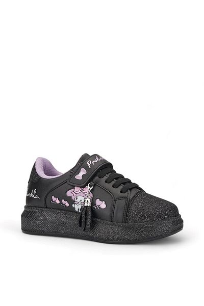 Nstil Pantofi negri pentru fete - detaliu cu ciucuri, vârf oval cu sclipici, șireturi elastice, pantofi sport cu velcro 3470