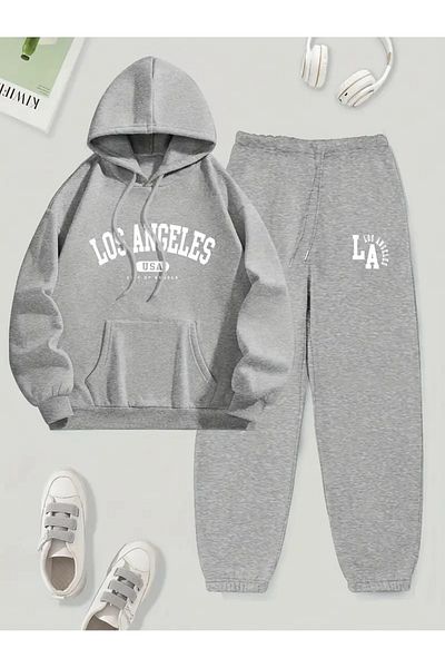 Apparelix Los Angeles Printed Oversize Tracksuit Set - Hooded Bottom and Top Set