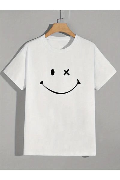 Pink Sky Crew Neck Unisex Oversize Smile Printed T-Shirt