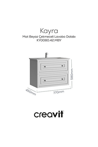 Creavit Lavabo Dolabı Çekmeceli 80cm Mat Beyaz