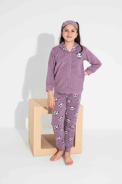 Tarık Panda Patterned Girl's Teenager and Children's Fleece Winter Pajamas Set - Long Sleeve, Buttoned Front