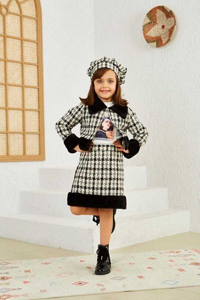 Sare Çocuk Giyim Girl's Winter Suit with Skirt, Top and Bottom, Fur Detailed Set of 4, Including T-Shirt and Hat