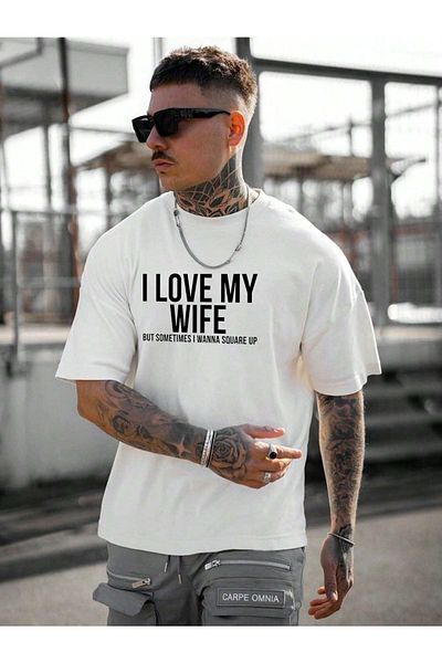 Pink Sky I Love My Wife Printed - Φαρδύ μπλουζάκι Boyfirend Oversize