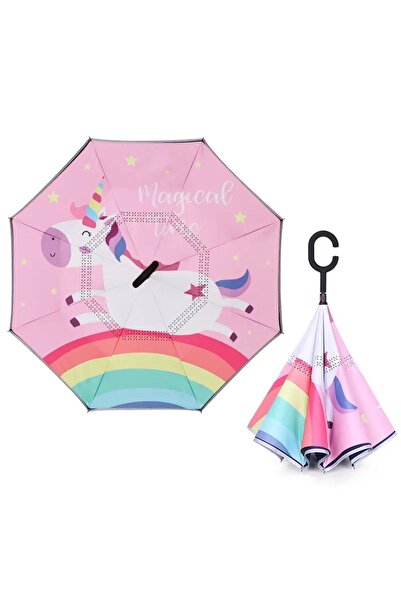 Aksesuar Çocuk Şemsiye Ters Şemsiye Colurful Pink Ünicorn
