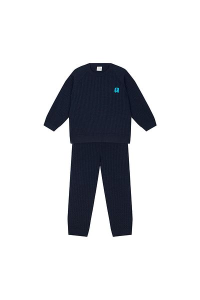 Antebies Elephant Embroidered Navy Blue Houndstooth Sweater and Trousers