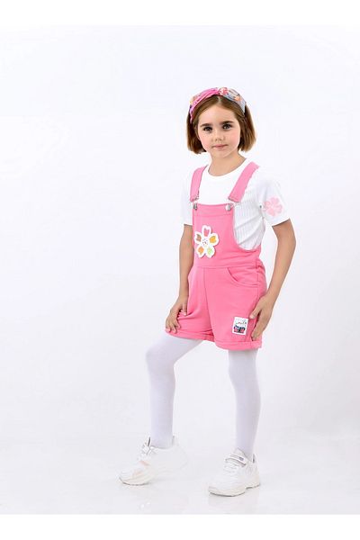 Kamex Tricou roz cu maneca scurta - Salopeta pentru fete brodata cu margarete
