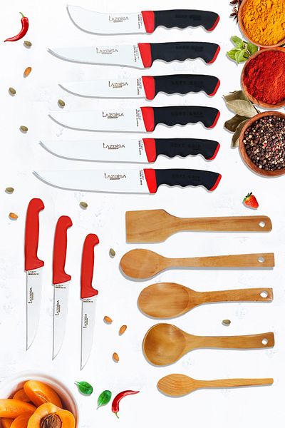 LAZBİSA Soft Grip Series - Kitchen Knife and Montessev Wooden Spoon Set (14 Pieces)