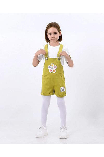 Kamex Girl's Oil Green Short Sleeve Daisy Embroidered Salopet