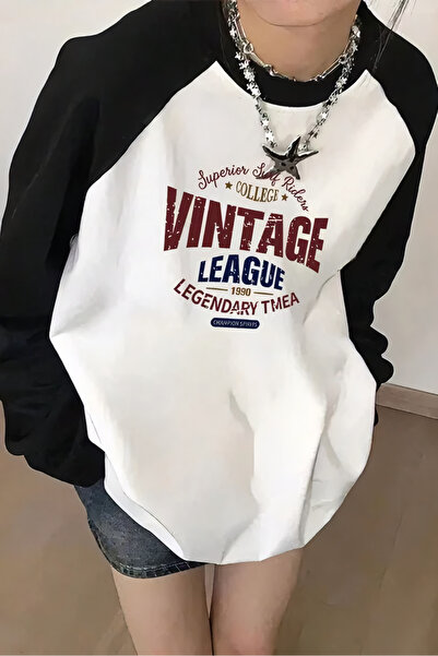 EFBUTİK Унісекс біла та чорна футболка з довгими рукавами Vintage League