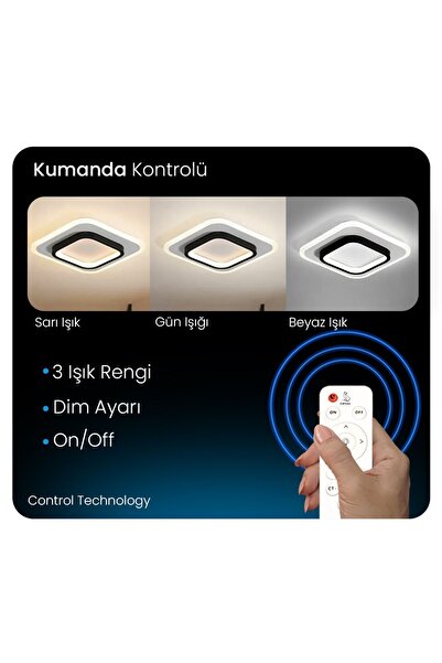 CATLUZ Akrilikli Kare Kumandalı Dimli 3 Işık Renkli 24x24cm Led Tavan Lambası, Modern Avize
