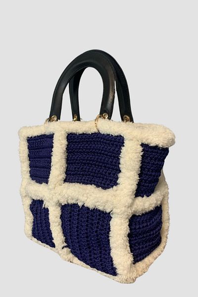 Uretti Rukiye 7294 - Geantă Macrame cu model de blană de frânghie albastră 26cm
