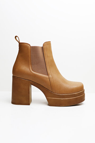 inroen Lastik Detaylı Platform Kalın Topuklu Kadın Bot Taba