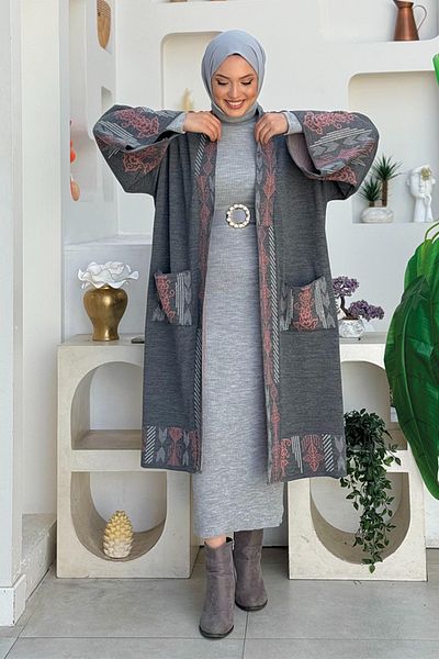 Bym Fashion Πλεκτή ζακέτα με καπνιστό έθνικ σχέδιο 12003