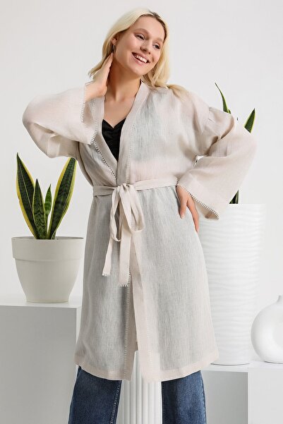 ANTERİ Kadın Kimono Kaftan - Iğne Oyalı Ve Sırt Detaylı Yüzde 100 Keten Kumaş