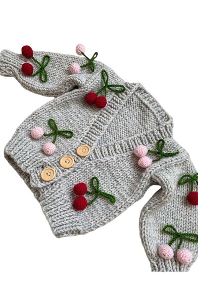 El örgüsü Cherry Patterned Hand Knitted Cardigan for Baby Girl and Girl