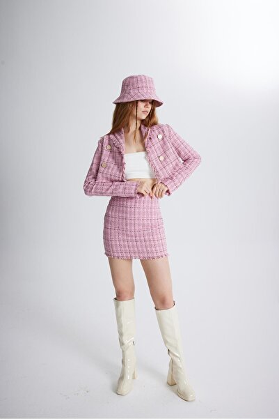 HOLLY LOLLY Tweed Fabric Crop Tweed Jacket Pink