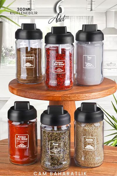 NESS HOME 300 ml Transparent Labeled Glass Locking Spice Set - 6-Piece Lockable Lid and Spoon