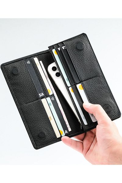 Louise Motto Portofel lung negru din piele naturală Alba - cu compartiment pentru telefon și compartiment, unisex