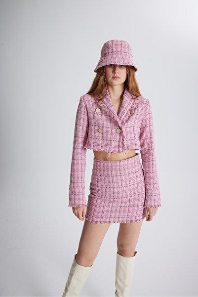 HOLLY LOLLY Tweed Fabric Crop Tweed Jacket Pink