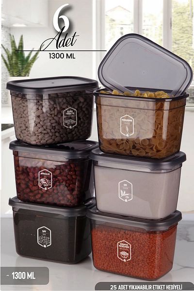 Kitchen Life 6-Piece Labeled Moly Rectangular Storage Container Set 1300ml with Lid for Breakfast - Multiple Sets Available