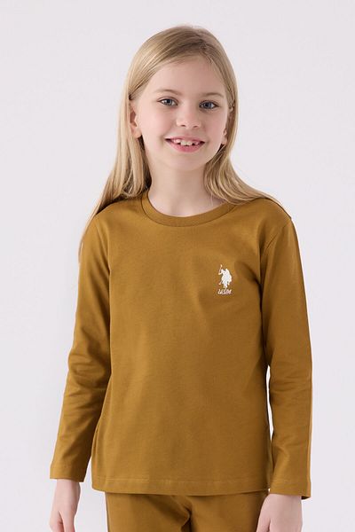 U.S. Polo Assn. Комплект пижама с дълъг ръкав за момиче, тъмна горчица