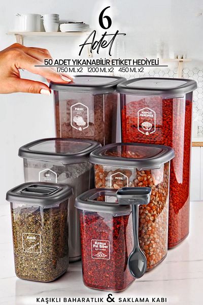 NESS HOME 6-Piece Labeled Square Food Storage Container and Spice Bowl Set with Spoon (1750ML 1200ML 400 ML)