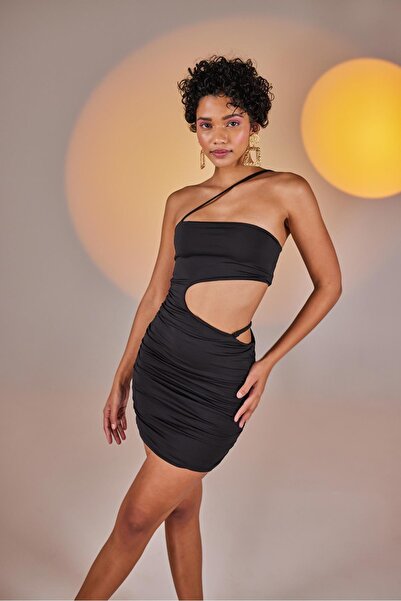 HOLLY LOLLY Çapraz Askı Detaylı Bel Dekolteli Drapeli Mini Bae Elbise Siyah