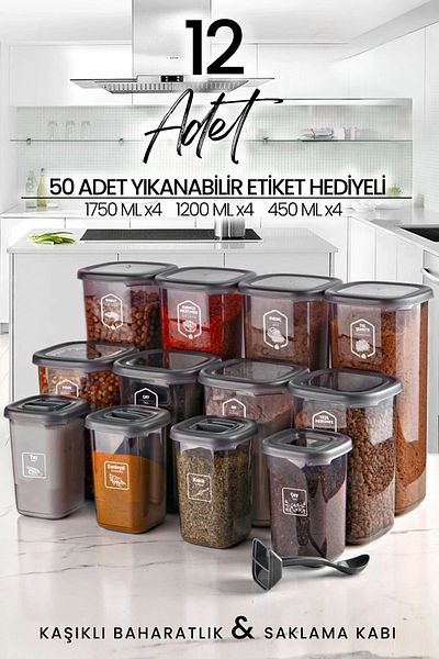 NESS HOME 12-Piece Labeled Square Food Storage Container and Spice Jar Set with Spoon (1750ML 1200ML 400 ML)