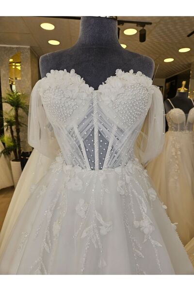 BY SD MY DREAM Kalp yaka pelerin detaylı incili gelinlik