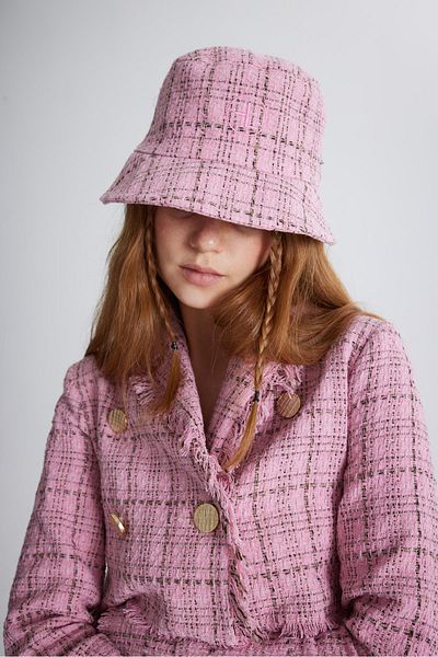 HOLLY LOLLY Tweed Fabric Logo Bucket Tweed Hat Pink