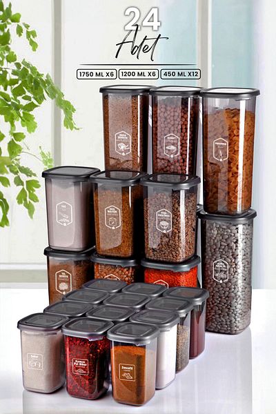 Kitchen Life Modernity Square Food Storage Container Set of 24 with Labels (1750ml x6 - 1200ml x6 - 450ml x12) Microwave