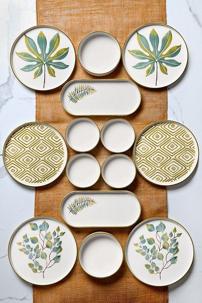Kitchen Life 14 Piece Stackable Fall Leaf Breakfast Set for 6 People - Luxury Breakfast Presentation Set Plate