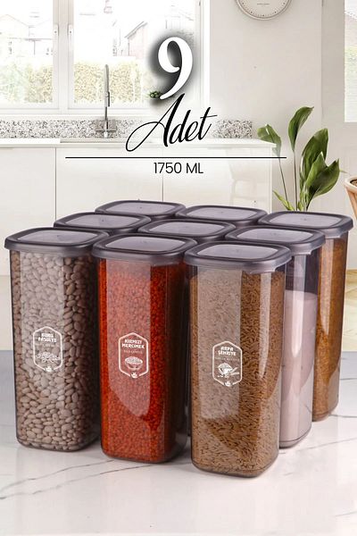 Kitchen Life Set of 9 Square Square Food Storage Containers with Jumbo Size Label 1750 ml - Hard Lid Large Jar