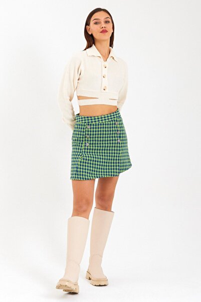 soBasic Зелена туидена мини пола с десен пепит и плисиран детайл