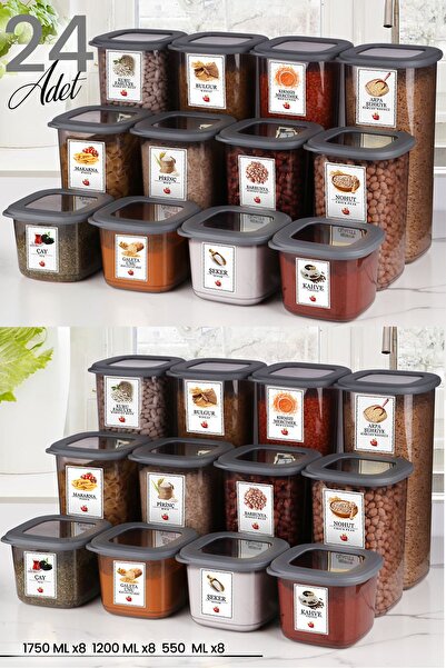Kitchen Life Set of 24 Anthracite Square Storage Containers with Labels (1.75LTL 1.2LT 0.55 ) 25 Pieces Spice Label Food