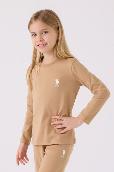 U.S. Polo Assn. Комплект кафява пижама с дълъг ръкав за момиче