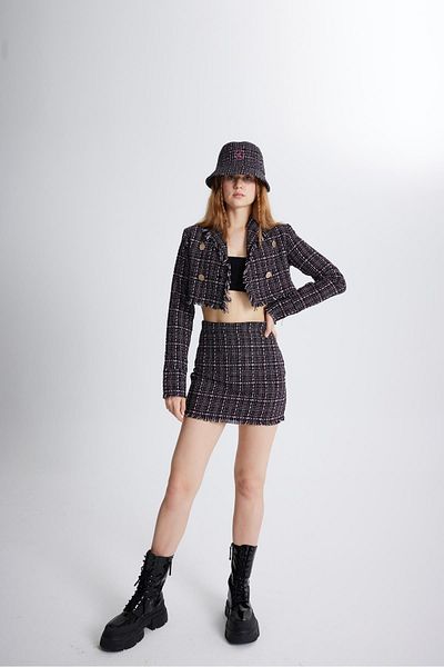 HOLLY LOLLY Tweed Fabric Crop Tweed Jacket Black