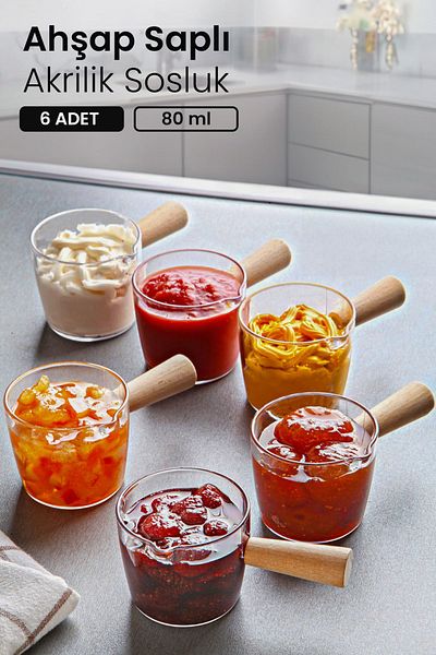 Kitchen Life Set of 6 Wooden Handle Mika Jam Bowl Sauce Bowl Tableware Presentation Breakfast Set - 80 ml
