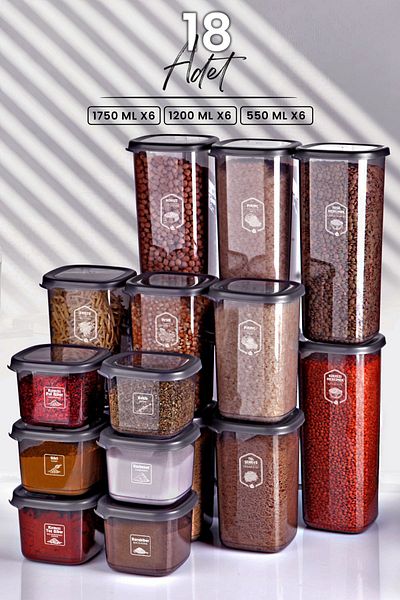 Kitchen Life 18-Piece Square Labeled Square Food Storage Container Set x6 (550ml-1200ml-1750ml) Jar with Hard Lid