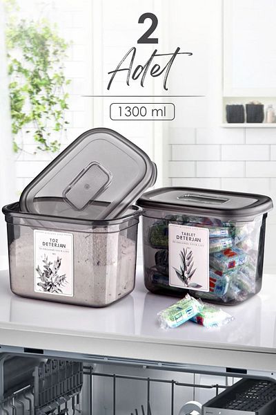 Kitchen Life 2 Large Rectangle Detergent Storage Box - 1300 ml - Detergent Set